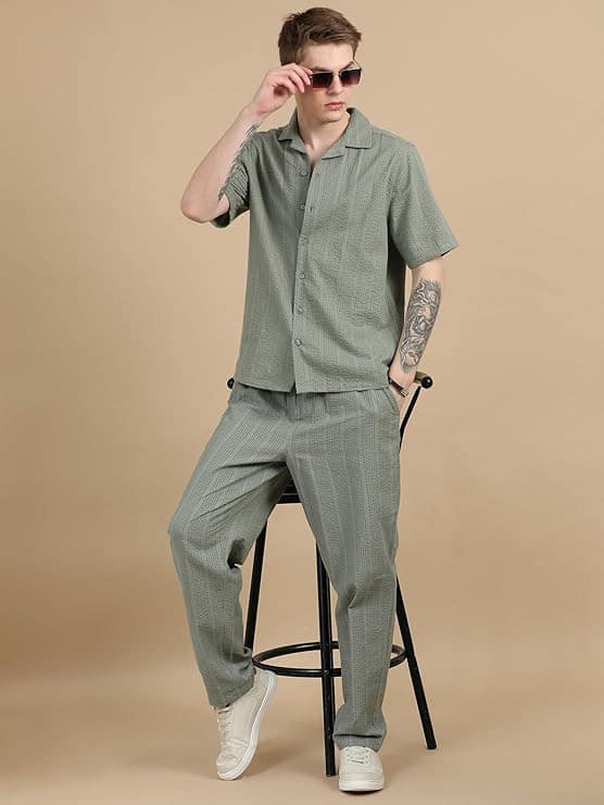 StitchX Men's Textured Seersucker Resort Cotton Shirt & Trouser Co-Ord Set S-2XL - Image 3