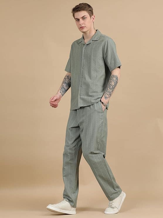 StitchX Men's Textured Seersucker Resort Cotton Shirt & Trouser Co-Ord Set S-2XL - Image 5